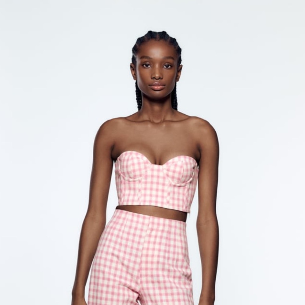 Zara pink gingham strapless bustier crop top BRAND NEW